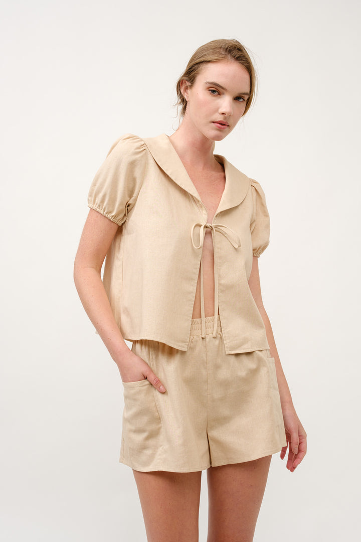Puff Sleeve Tie-Front Top & Shorts Set  I ABED7708 Taupe I SHIP 03/31/25