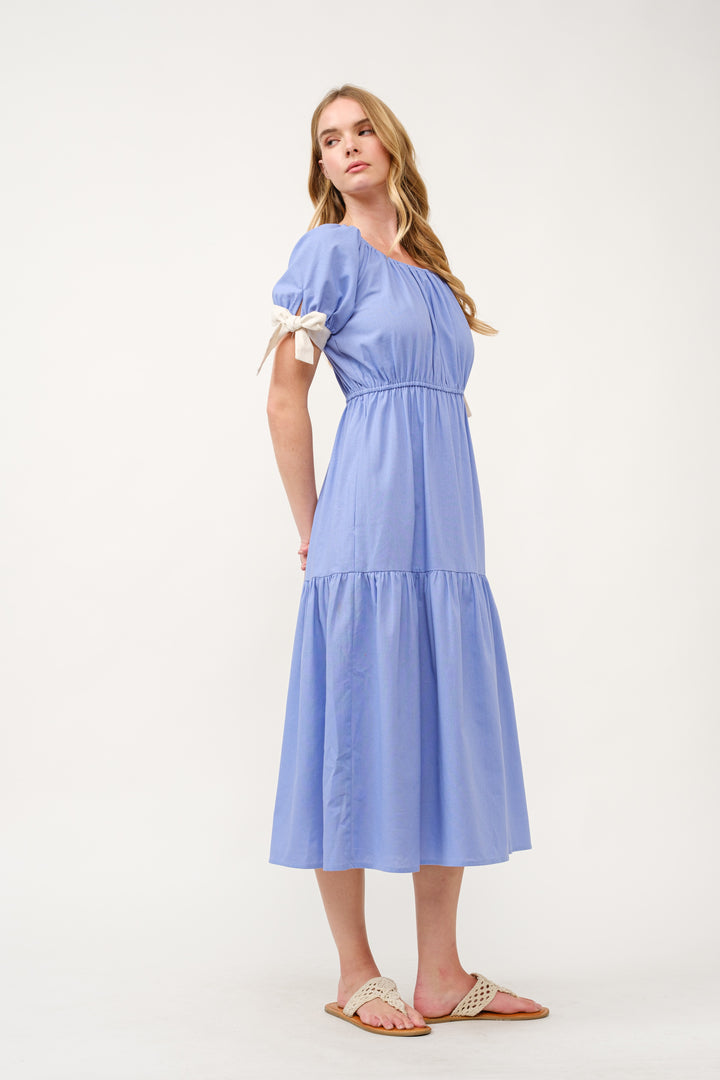 Tiered Midi Dress with Bow Tie Sleeves I ABED7710 I SHIP 03/31/25