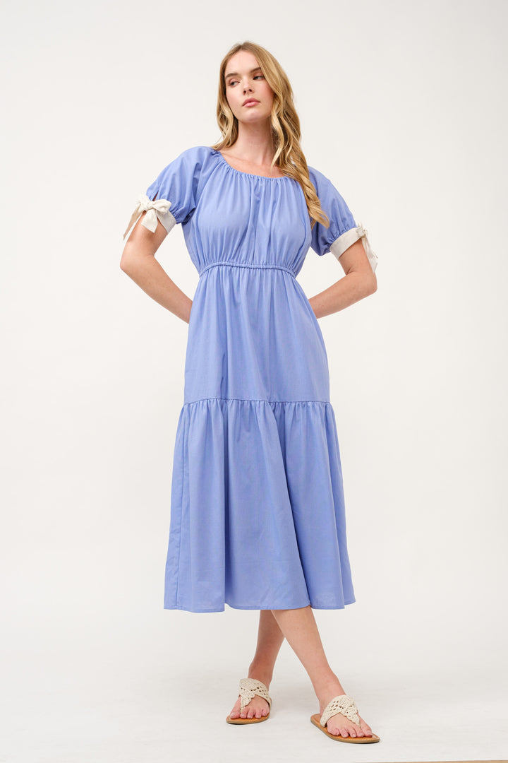 Tiered Midi Dress with Bow Tie Sleeves I ABED7710 I SHIP 03/31/25