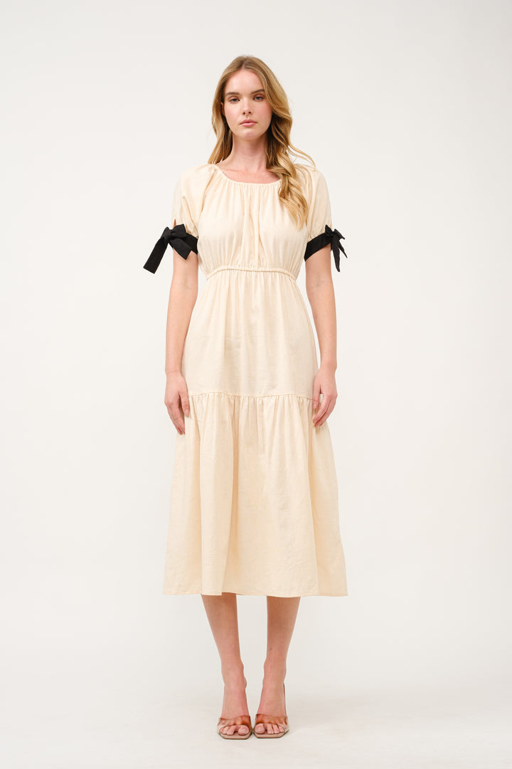 Tiered Midi Dress with Bow Tie Sleeves I ABED7710 I SHIP 03/31/25