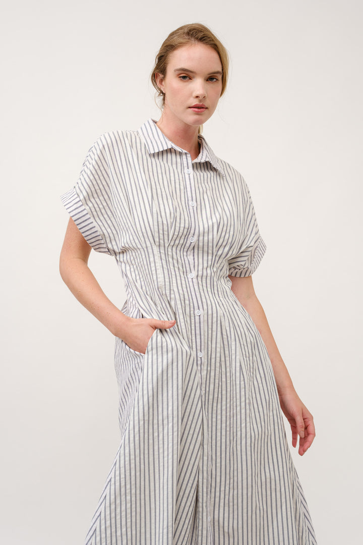 Striped Button-Up Midi Shirt Dress I ABED7712 Taupe