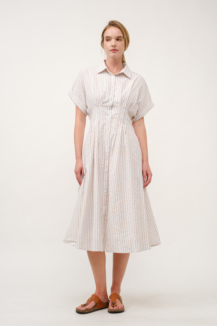 Striped Button-Up Midi Shirt Dress I ABED7712 Taupe
