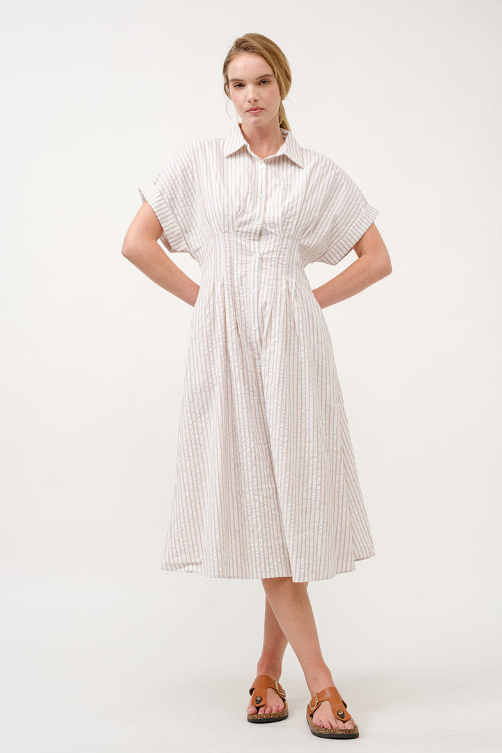 Striped Button-Up Midi Shirt Dress I ABED7712 Taupe