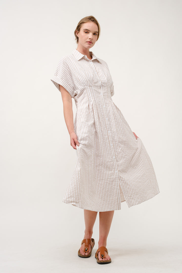 Striped Button-Up Midi Shirt Dress I ABED7712 Taupe
