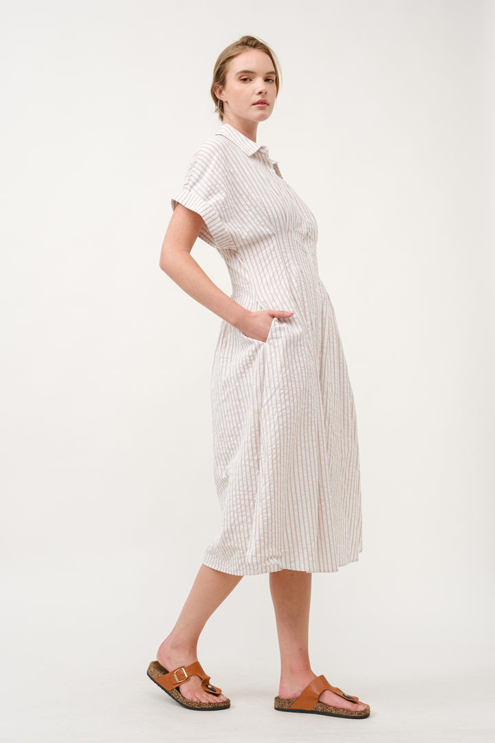 Striped Button-Up Midi Shirt Dress I ABED7712 Taupe