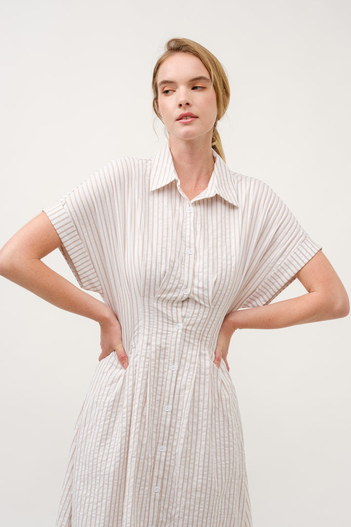 Striped Button-Up Midi Shirt Dress I ABED7712 Taupe