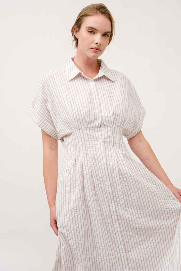 Striped Button-Up Midi Shirt Dress I ABED7712 Taupe