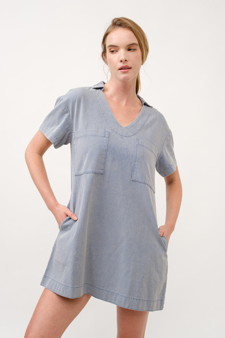 Casual Denim V-Neck Mini Dress I ABED7714 I SHIP 03/31/25