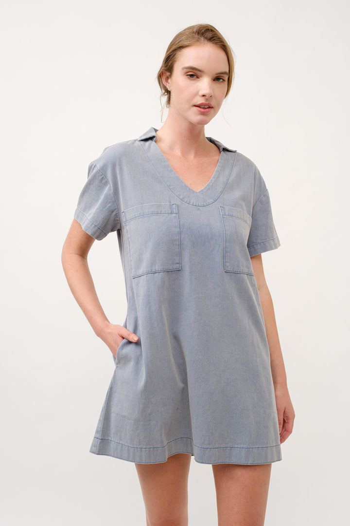 Casual Denim V-Neck Mini Dress I ABED7714 I SHIP 03/31/25
