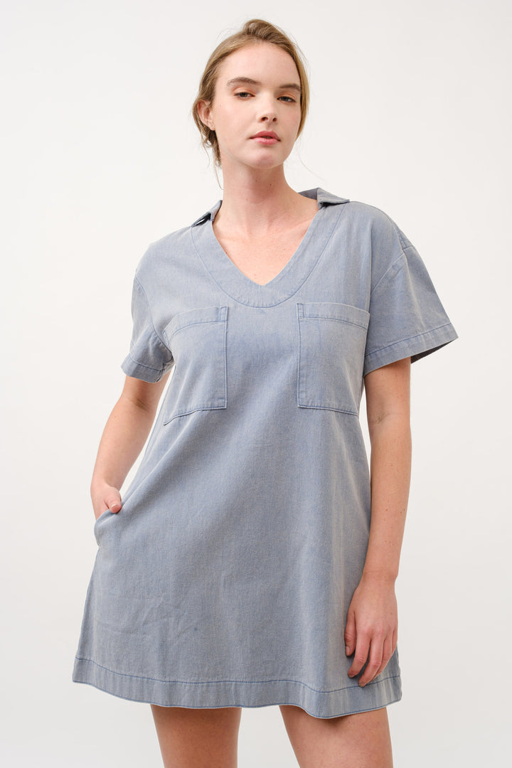 Casual Denim V-Neck Mini Dress I ABED7714 I SHIP 03/31/25