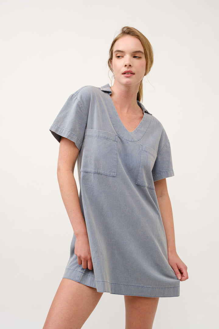 Casual Denim V-Neck Mini Dress I ABED7714 I SHIP 03/31/25