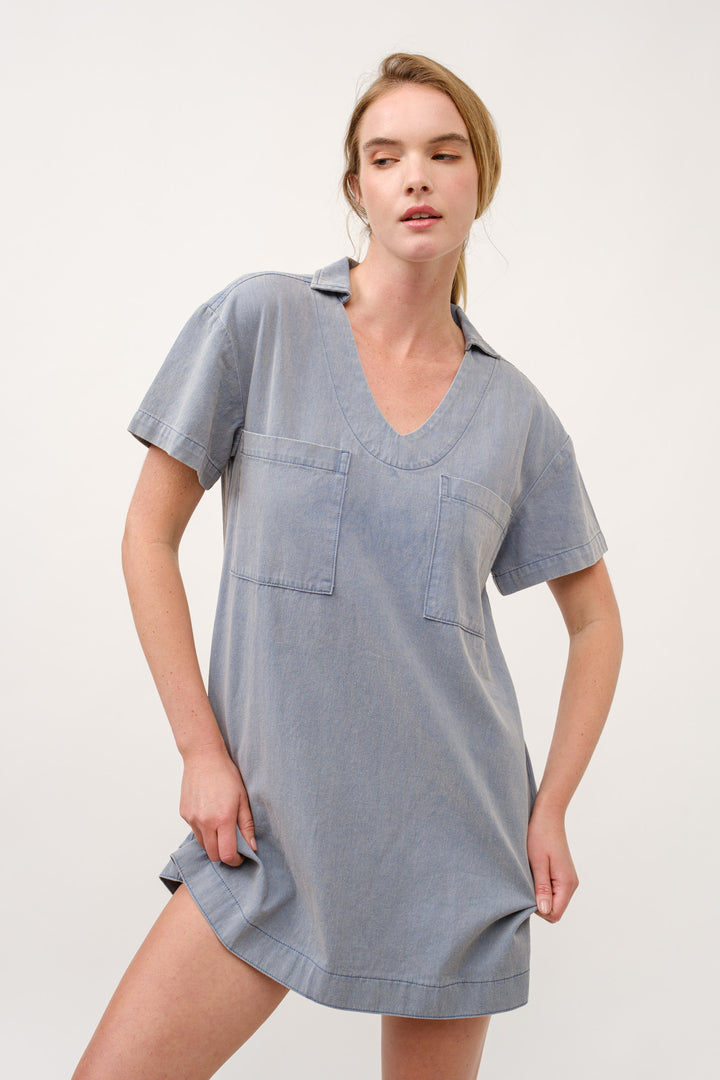 Casual Denim V-Neck Mini Dress I ABED7714 I SHIP 03/31/25