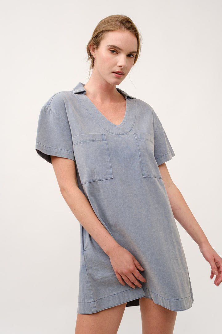 Casual Denim V-Neck Mini Dress I ABED7714 I SHIP 03/31/25
