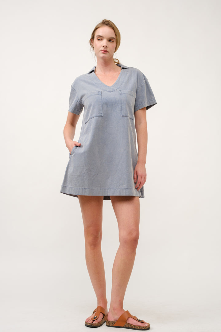 Casual Denim V-Neck Mini Dress I ABED7714 I SHIP 03/31/25