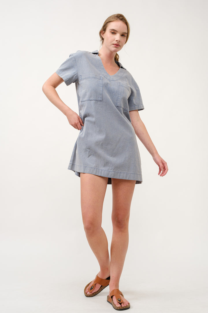 Casual Denim V-Neck Mini Dress I ABED7714 I SHIP 03/31/25