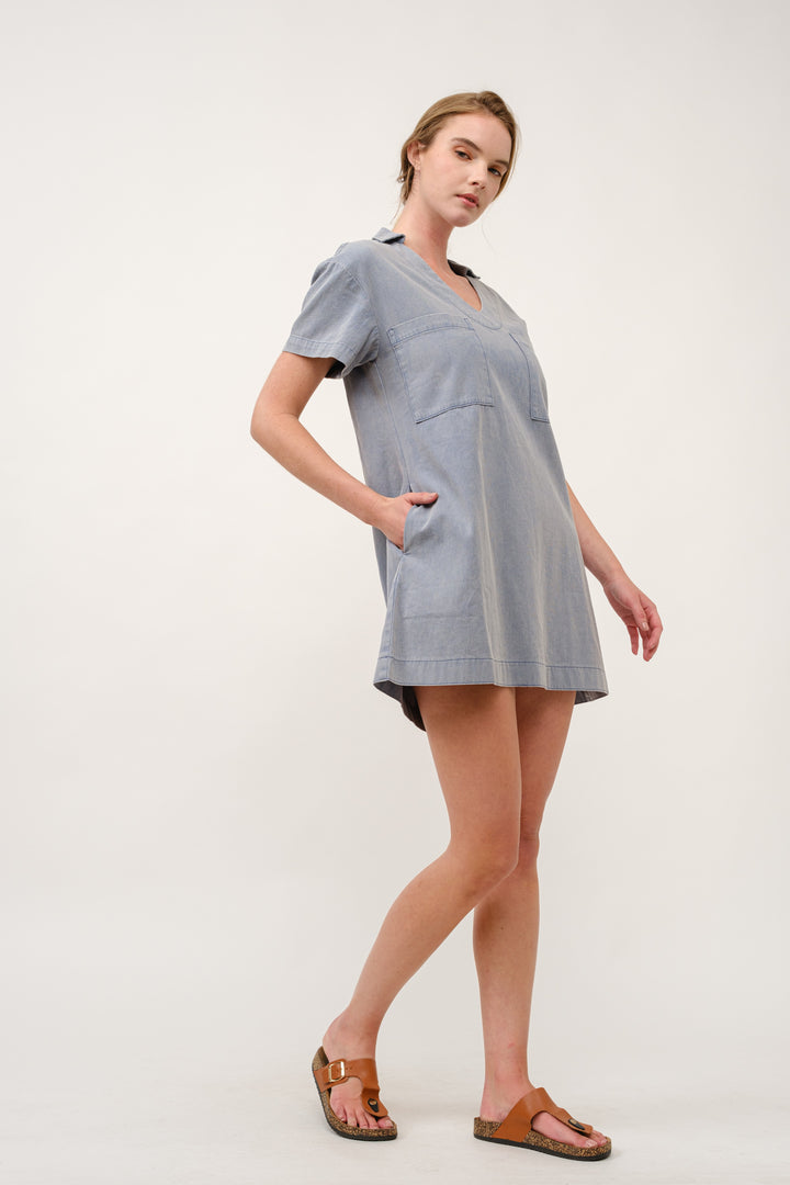 Casual Denim V-Neck Mini Dress I ABED7714 I SHIP 03/31/25