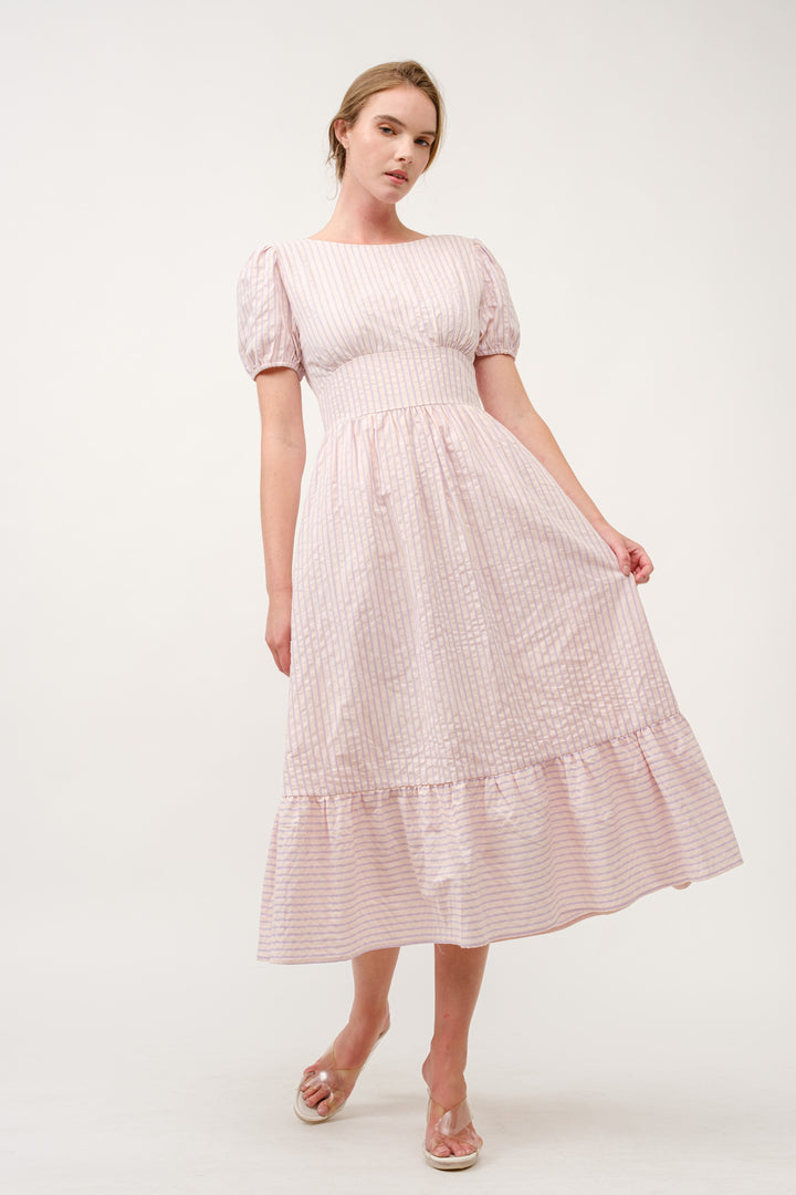 Striped Puff Sleeve Bow-Back Midi Dress I ABED7715 Pink I SHIP 03/31/25