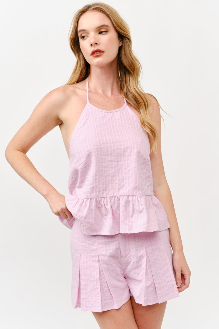 Halter Neck Ruffle Hem Top & Pleated Shorts Set l ABED7736 I LILAC I SHIP 05/15/25