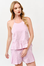 Load image into Gallery viewer, Halter Neck Ruffle Hem Top &amp; Pleated Shorts Set l ABED7736 I LILAC I SHIP 05/15/25
