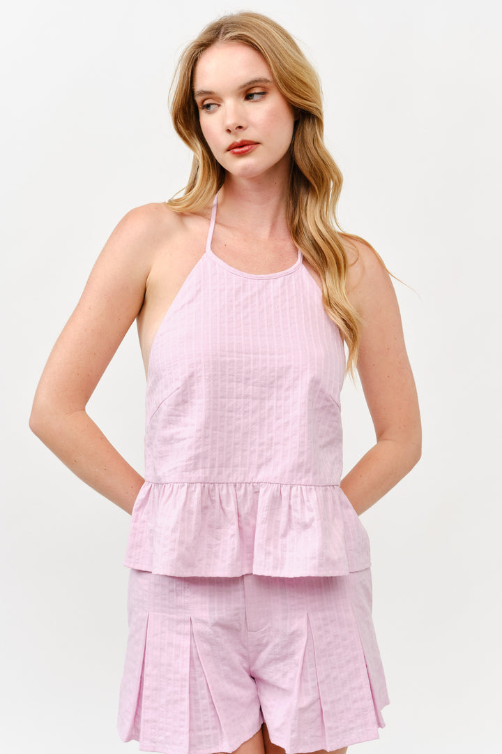 Halter Neck Ruffle Hem Top & Pleated Shorts Set l ABED7736 I LILAC I SHIP 05/15/25