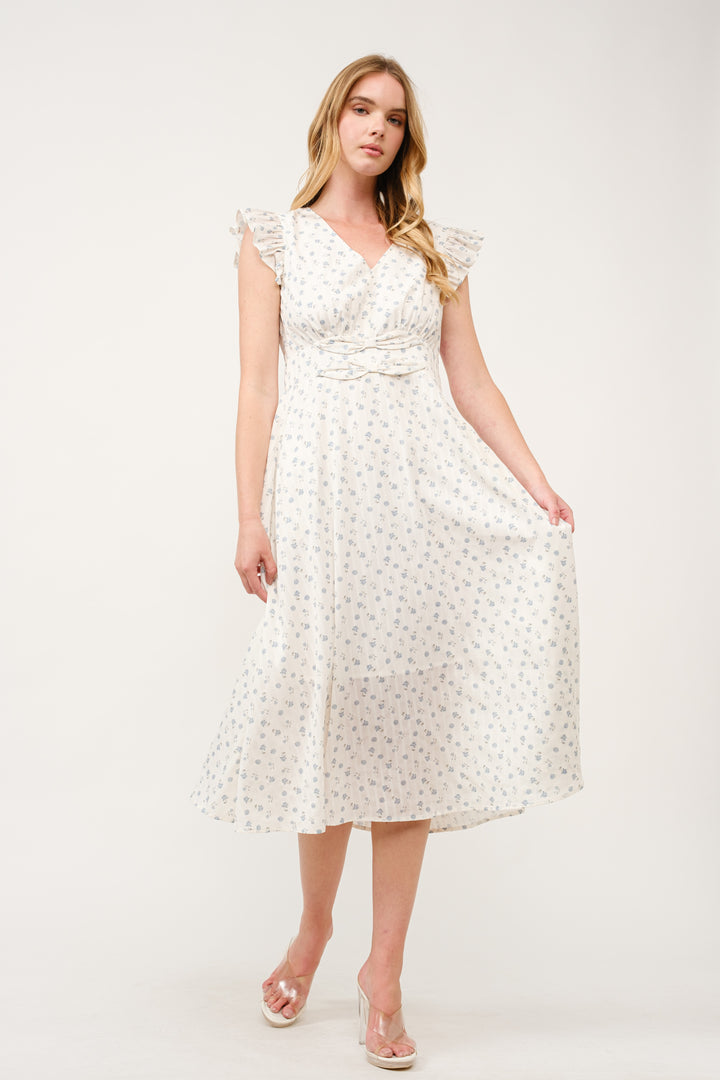 Floral Ruffle-Sleeve Midi Dress I ABED7744 I SHIP 03/31/25