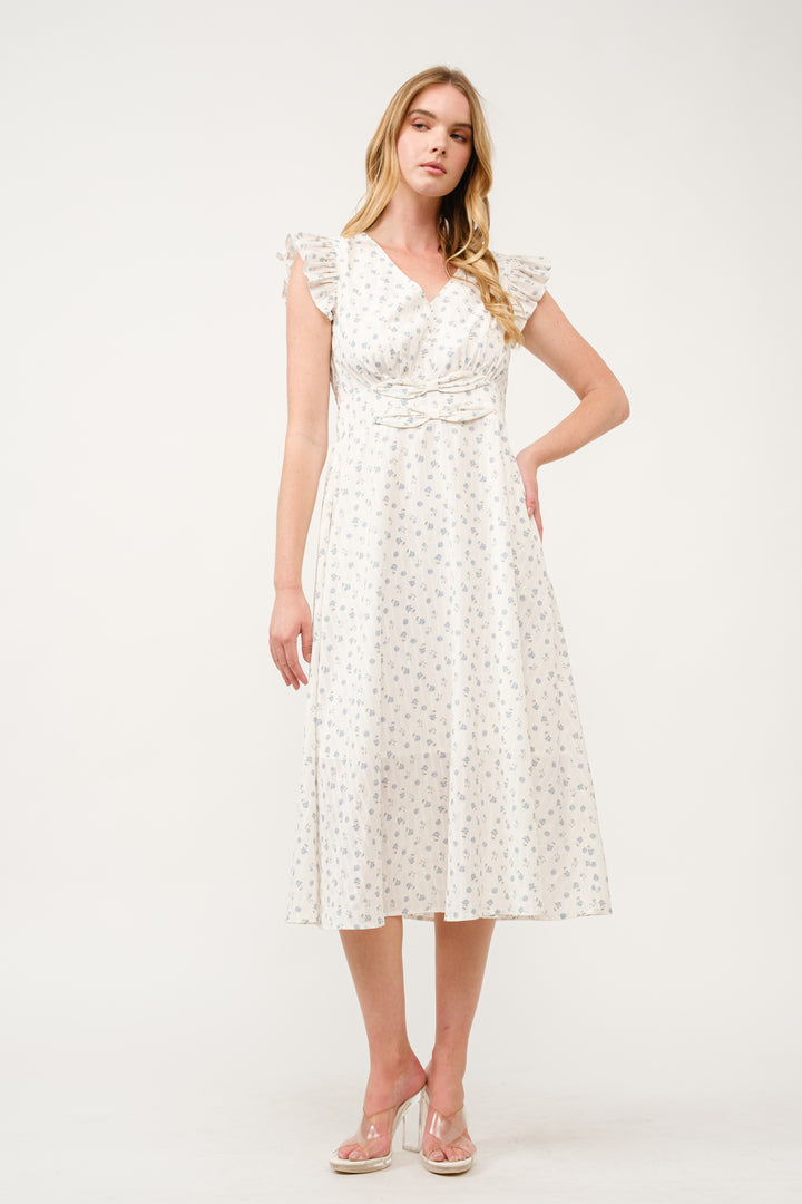 Floral Ruffle-Sleeve Midi Dress I ABED7744 I SHIP 03/31/25