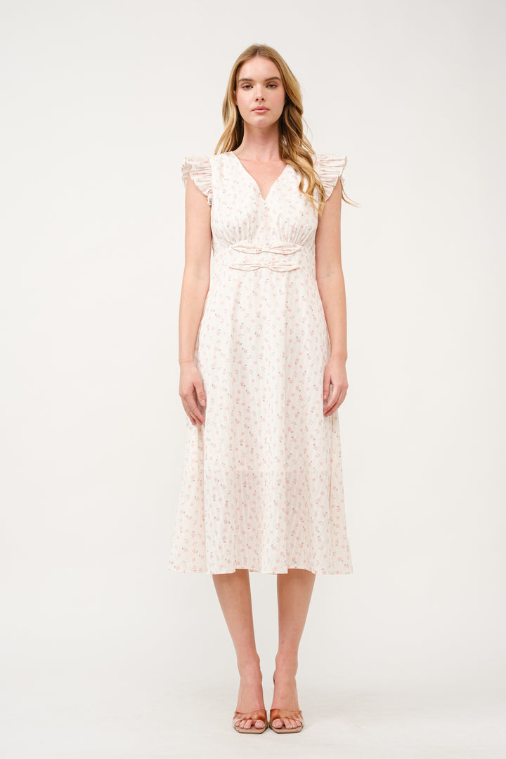 Floral Ruffle-Sleeve Midi Dress I ABED7744 I SHIP 03/31/25