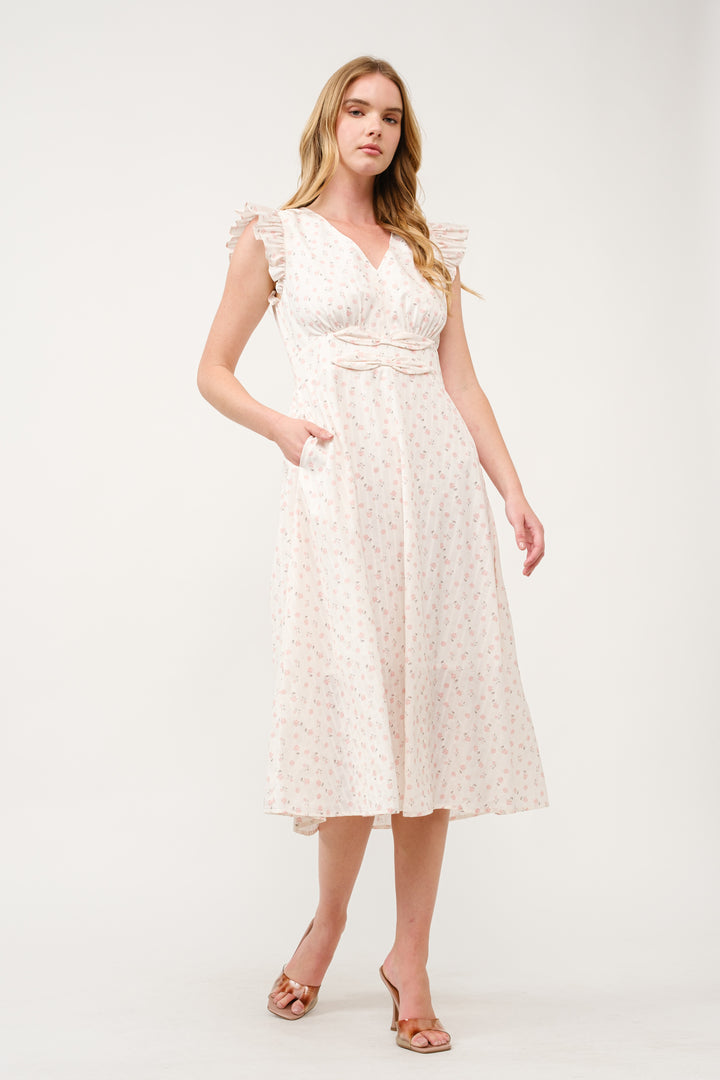 Floral Ruffle-Sleeve Midi Dress I ABED7744 I SHIP 03/31/25