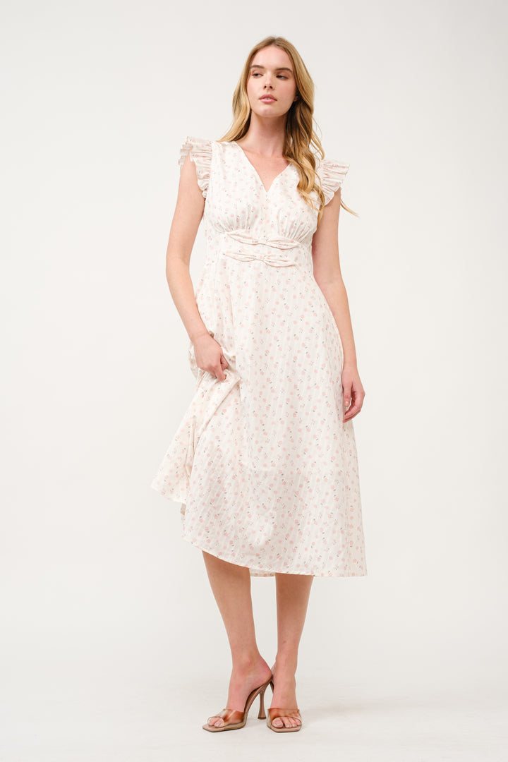 Floral Ruffle-Sleeve Midi Dress I ABED7744 I SHIP 03/31/25