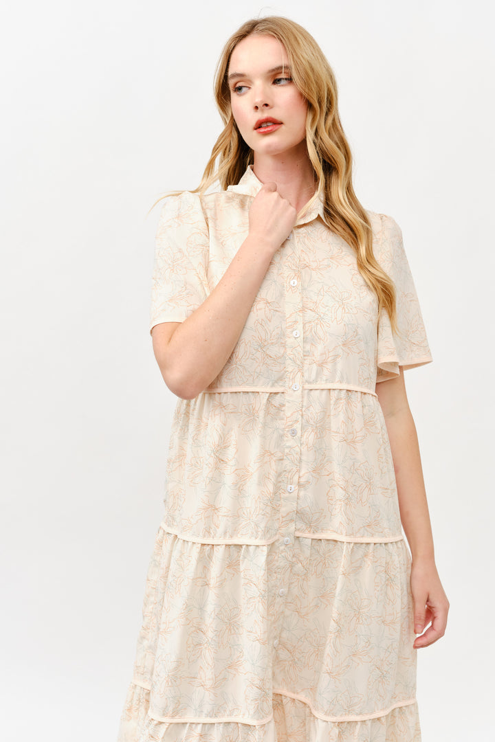 Tiered Button-Down Midi Dress I ABED7757 I TAUPE I SHIP 05/15/25