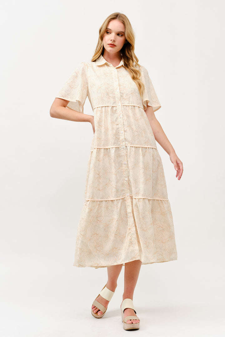 Tiered Button-Down Midi Dress I ABED7757 I TAUPE I SHIP 05/15/25