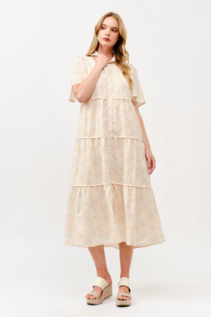 Tiered Button-Down Midi Dress I ABED7757 I TAUPE I SHIP 05/15/25