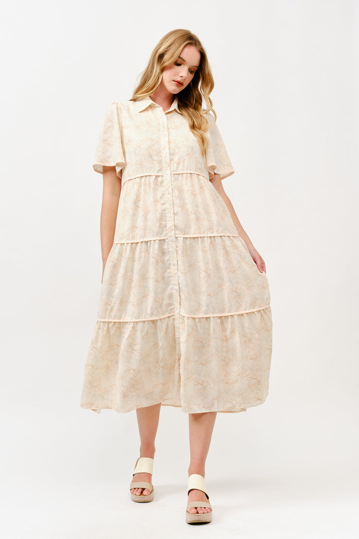 Tiered Button-Down Midi Dress I ABED7757 I TAUPE I SHIP 05/15/25