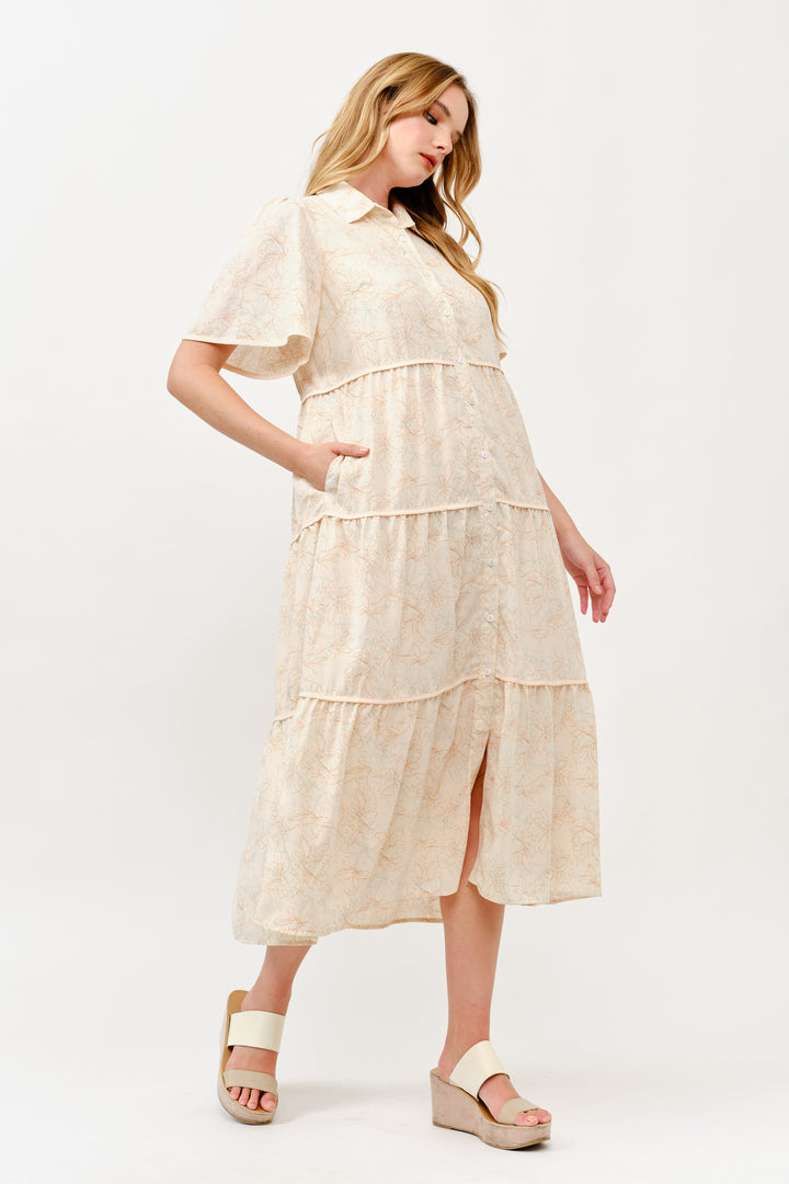 Tiered Button-Down Midi Dress I ABED7757 I TAUPE I SHIP 05/15/25