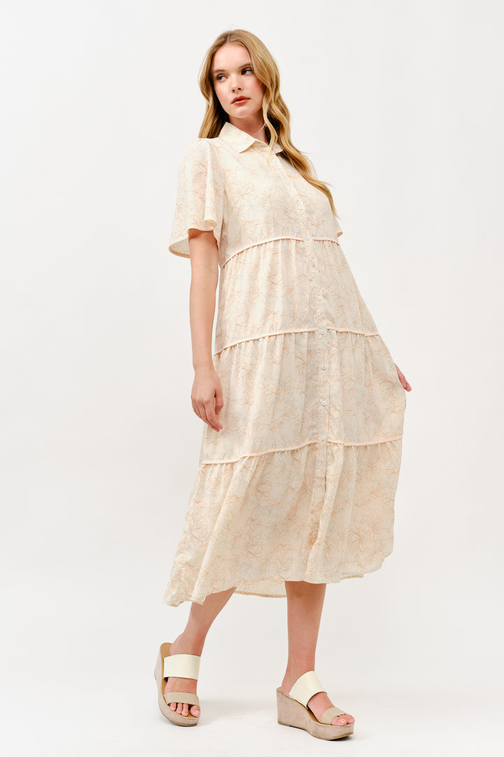 Tiered Button-Down Midi Dress I ABED7757 I TAUPE I SHIP 05/15/25