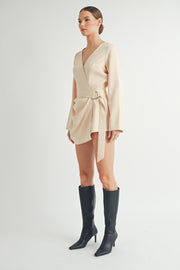 Wholesale women's contemporary fashion | Belted Long Sleeve Beige Romper 