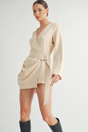 Wholesale women's contemporary fashion | Belted Long Sleeve Beige Romper 