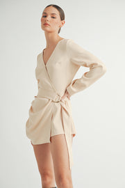 Wholesale women's contemporary fashion | Belted Long Sleeve Beige Romper 