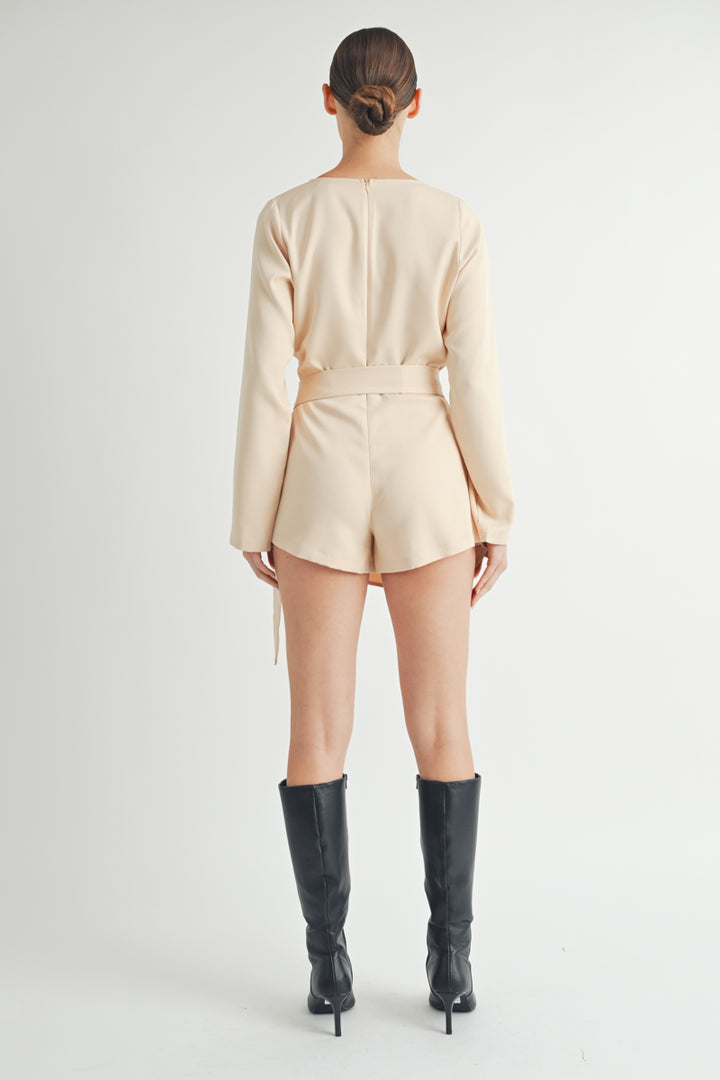 Wholesale women's contemporary fashion | Belted Long Sleeve Beige Romper 