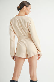 Wholesale women's contemporary fashion | Belted Long Sleeve Beige Romper 