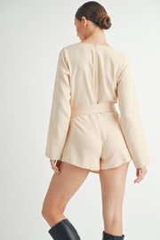 Wholesale women's contemporary fashion | Belted Long Sleeve Beige Romper 