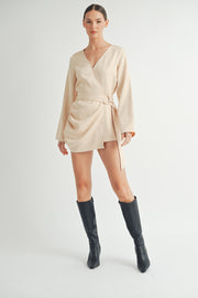 Wholesale women's contemporary fashion | Belted Long Sleeve Beige Romper 
