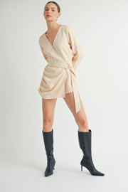 Wholesale women's contemporary fashion | Belted Long Sleeve Beige Romper 