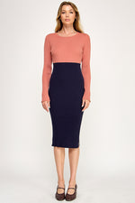 Load image into Gallery viewer, Color Block Ribbed Knit Midi Dress with Side Slit | ABES7513 | SML/222
