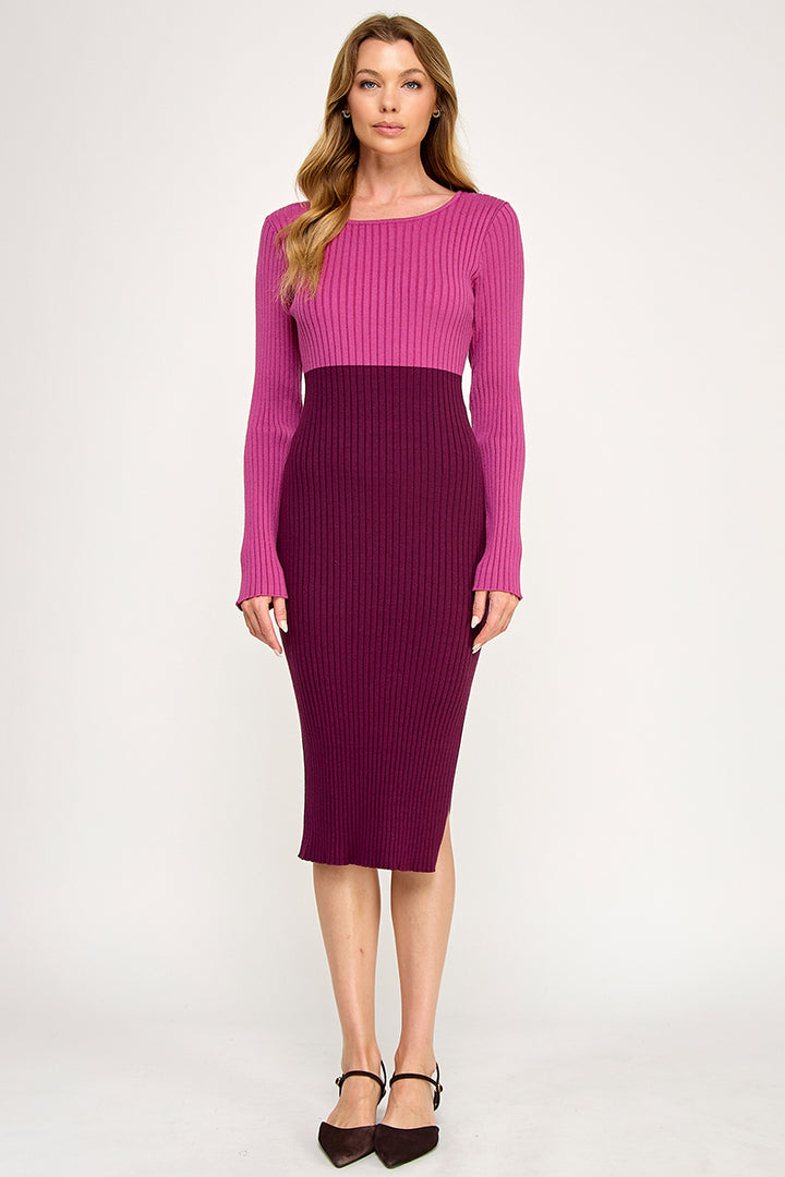 Color Block Ribbed Knit Midi Dress with Side Slit | ABES7513 | SML/222