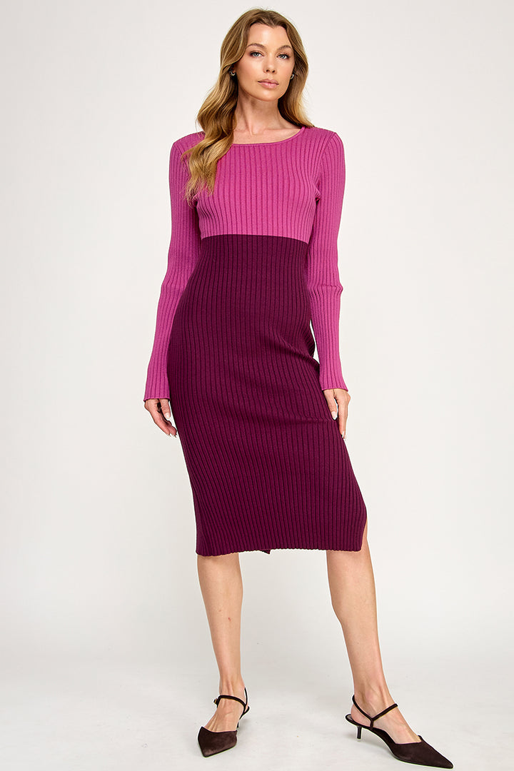 Color Block Ribbed Knit Midi Dress with Side Slit | ABES7513 | SML/222