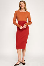 Load image into Gallery viewer, Color Block Ribbed Knit Midi Dress with Side Slit | ABES7513 | SML/222
