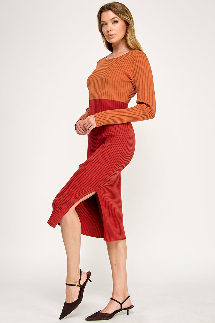 Color Block Ribbed Knit Midi Dress with Side Slit | ABES7513 | SML/222