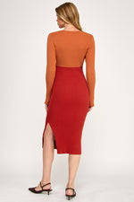 Load image into Gallery viewer, Color Block Ribbed Knit Midi Dress with Side Slit | ABES7513 | SML/222
