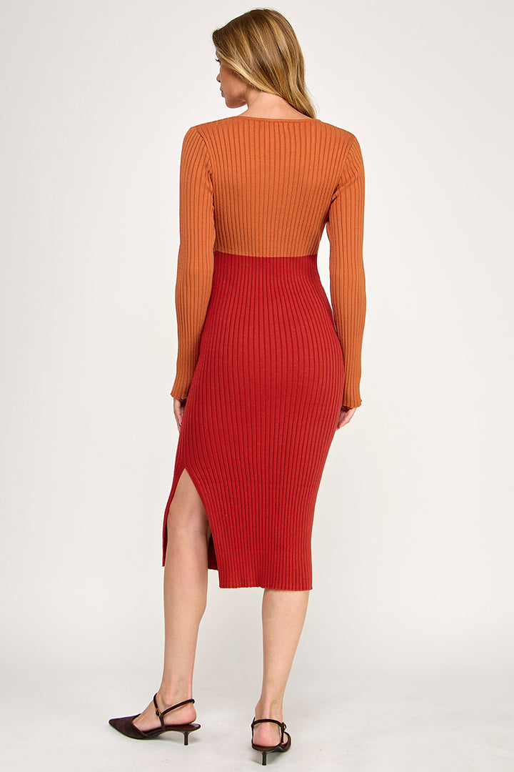 Color Block Ribbed Knit Midi Dress with Side Slit | ABES7513 | SML/222